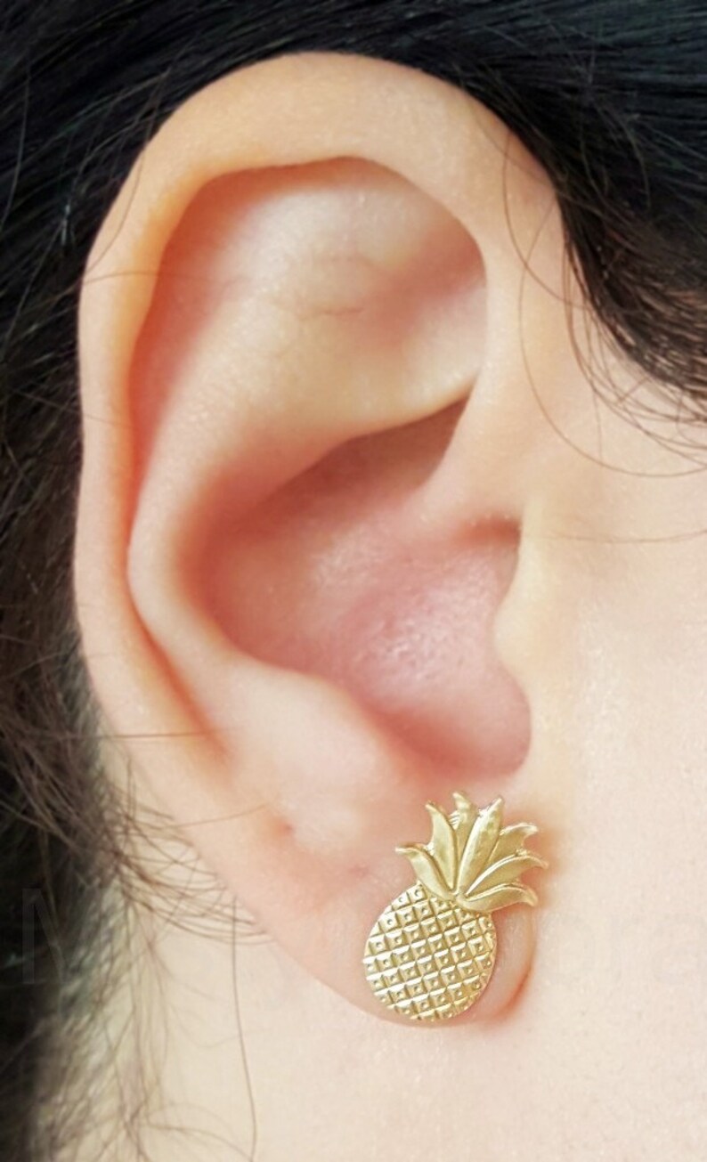 Tropical Earrings Golden Brass Earrings Fruit Jewelry Pineapple Earrings Sterling Silver Hypoallergenic Summer Jewelry Summer Studs