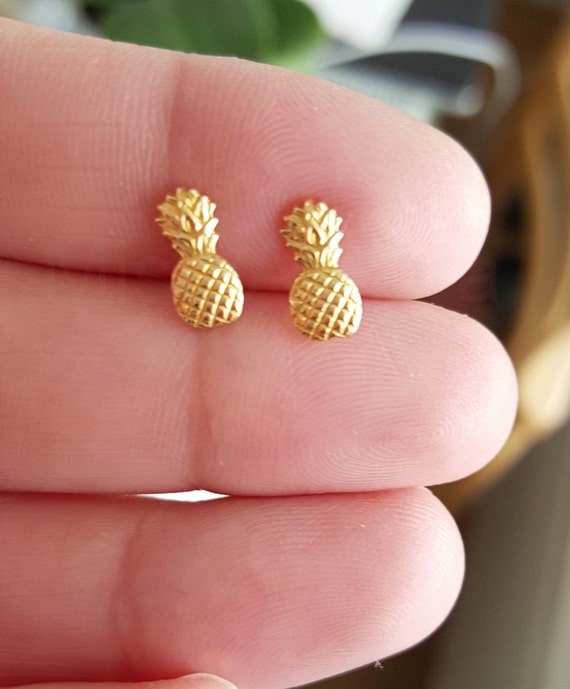 Tropical Earrings Golden Brass Earrings Fruit Jewelry Pineapple Earrings Sterling Silver Hypoallergenic Summer Jewelry Summer Studs
