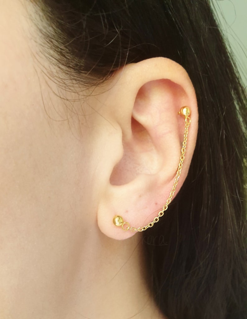 Helix to Lobe Earring Helix Earring Gold Cartilage Chain | Etsy
