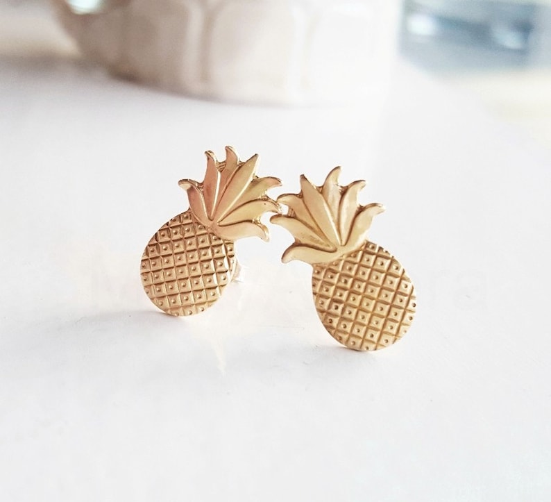 Tropical Earrings Golden Brass Earrings Fruit Jewelry Pineapple Earrings Sterling Silver Hypoallergenic Summer Jewelry Summer Studs