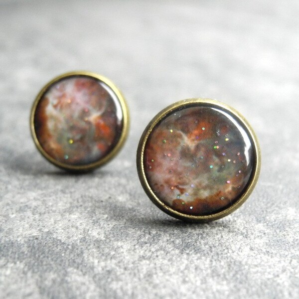 Space Stud Earrings, Astronomy Jewelry Gifts, Galaxy Jewelry, Nebula Earring Studs, Glitter Earrings, Rustic Copper Brown Jewelry (E034)