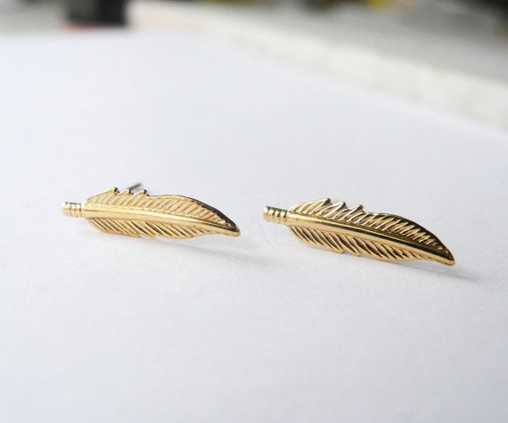 Feather Earrings Gold Boho Earrings Feather Studs Gold | Etsy