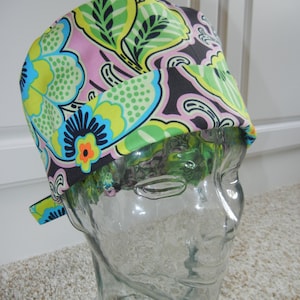Tie Back FOLDING BAND Medical Surgical Scrub Hat with Amy Butler Lark Floral Couture Blue Pink Green Black