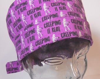 Tie Back FOLDING BAND Medical Surgical Scrub Hat with Funny Mummy Zombie Halloween Creeping It Real