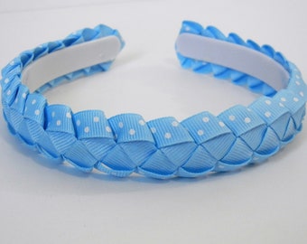 READY TO SHIP Braided Grosgrain Ribbon Headband Solid Light Blue Polka Dots