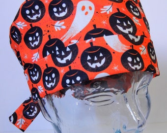 Tie Back FOLDING BAND Medical Surgical Scrub Hat with Halloween Pumpkins Jack O Lanterns Ghosts Orange