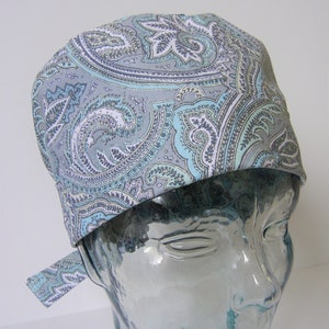Tie Back FOLDING BAND Medical Surgical Scrub Hat with Soft Pastel Blue Green Gray Paisley