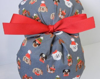 FOLDING BAND Ponytail Medical Surgical Scrub Hat in Christmas Holiday Dogs