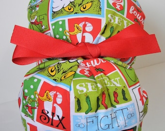 FOLDING BAND Ponytail Medical Surgical Scrub Hat with Holiday Grinch Twelve Days of Christmas CHOOSE Ribbon Color