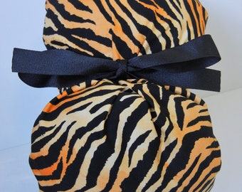 FOLDING BAND Ponytail Medical Surgical Scrub Hat in Brown Black Tiger Stripes