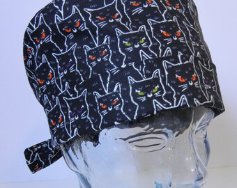 Tie Back FOLDING BAND Medical Surgical Scrub Hat with Halloween Cats Glow in Dark