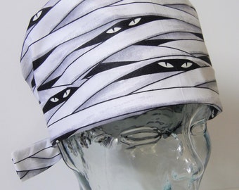 Tie Back FOLDING BAND Medical Surgical Scrub Hat with Halloween Mummy Glow in Dark Eyes