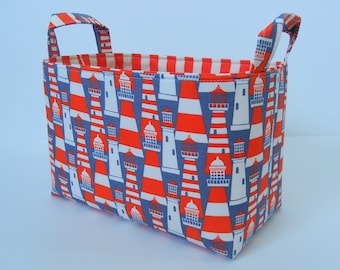 Fabric Storage Organizer Basket Bin with Red White Blue Lighthouses Stripes READY TO SHIP
