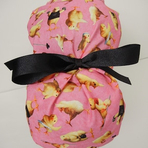 FOLDING BAND Ponytail Medical Surgical Scrub Hat with Fitness Workout Chicks Chickens Pink