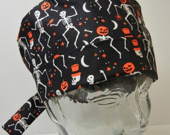 Tie Back FOLDING BAND Medical Surgical Scrub Hat with Halloween Skeletons Top Hats Pumpkins