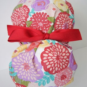 FOLDING BAND Ponytail Medical Surgical Scrub Hat in Burgundy Lavender Cream Packed Floral Fun CHOOSE Ribbon Color