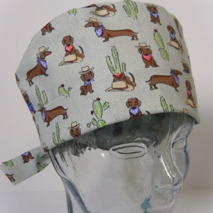 Tie Back FOLDING BAND Medical Surgical Scrub Hat with Western Cowboy Dachshunds Dogs Cactus