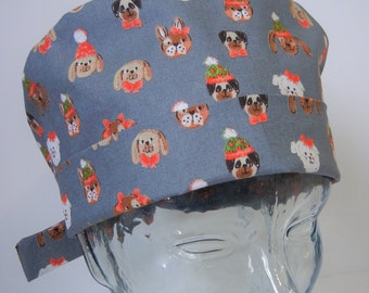 Tie Back FOLDING BAND Medical Surgical Scrub Hat with Christmas Holiday Dogs