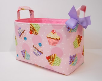 Fabric Storage Organizer Basket Bin with Polka Dot Cupcakes READY TO SHIP