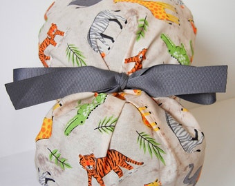 FOLDING BAND Ponytail Medical Surgical Scrub Hat with Safari Animals Elephants Zebra Monkey Giraffe Tiger