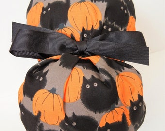 FOLDING BAND Ponytail Medical Surgical Scrub Hat in Halloween Scaredy Cats Pumpkins CHOOSE Ribbon Color