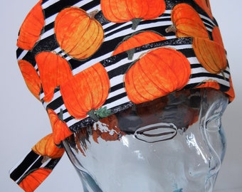Tie Back FOLDING BAND Medical Surgical Scrub Hat with Fall Pumpkins Stripes