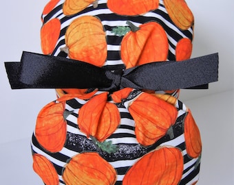 FOLDING BAND Ponytail Medical Surgical Scrub Hat with Fall Pumpkins Stripes