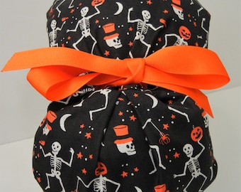 FOLDING BAND Ponytail Medical Surgical Scrub Hat with Halloween Skeletons Top Hats Pumpkins