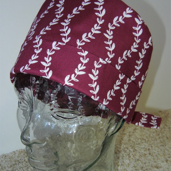 Tie Back Surgical Scrub Hat with Burgundy White Vines