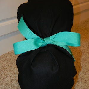 FOLDING BAND Ponytail Medical Surgical Scrub Hat in Solid Black CHOOSE Ribbon Color