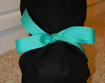 FOLDING BAND Ponytail Medical Surgical Scrub Hat in Solid Black CHOOSE Ribbon Color