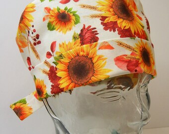 Tie Back FOLDING BAND Medical Surgical Scrub Hat with Sunflowers