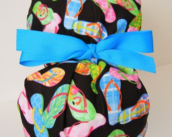 FOLDING BAND Ponytail Medical Surgical Scrub Hat with Tropical Beach Flip Flops Black CHOOSE Ribbon Color