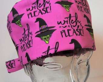 Tie Back FOLDING BAND Medical Surgical Scrub Hat with Funny Halloween Witch Please Pink