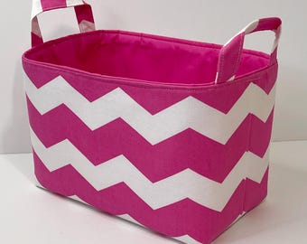 Fabric Storage Organizer Basket Bin with Hot Pink White Chevron