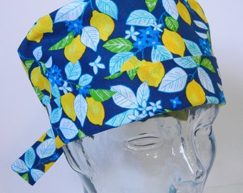 Tie Back FOLDING BAND Medical Surgical Scrub Hat with Navy Blue Floral Lemons