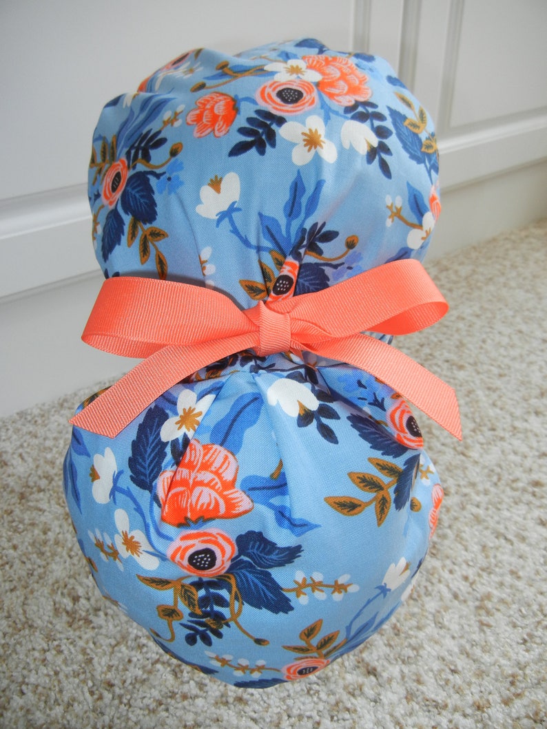 Folding Band Ponytail Medical Surgical Scrub Hat in Periwinkle Coral Flower CHOOSE RIBBON COLOR
