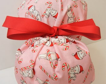 FOLDING BAND Ponytail Medical Surgical Scrub Hat with Christmas Baby Kewpie Candy Canes