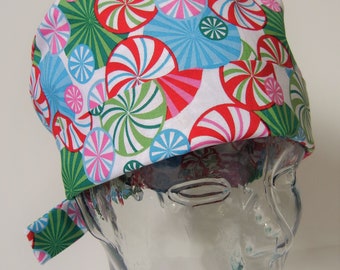 Tie Back FOLDING BAND Medical Surgical Scrub Hat with Christmas Holiday Candy Swirls Pinwheels
