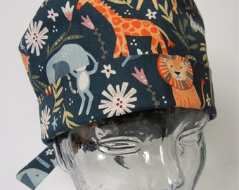 Tie Back FOLDING BAND Medical Surgical Scrub Hat with Safari Animals Giraffe Lion Monkey Elephant