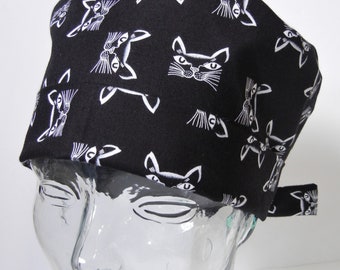 Tie Back FOLDING BAND Medical Surgical Scrub Hat with Black Cat Faces