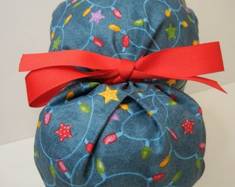 FOLDING BAND Ponytail Medical Surgical Scrub Hat with Holiday Christmas Tree String Lights Teal Blue Green