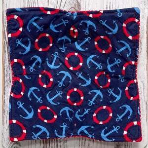 Reversible 9&quot; Microwave Hot Cold Bowl Holder Cozy Nautical Anchors Life Preserver Rings Red Navy Blue