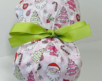FOLDING BAND Ponytail Medical Surgical Scrub Hat with Pink Checkered Holiday Christmas Trees Santas CHOOSE Ribbon Color