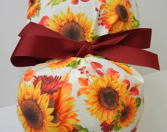 FOLDING BAND Ponytail Medical Surgical Scrub Hat Sunflowers CHOOSE Ribbon Color