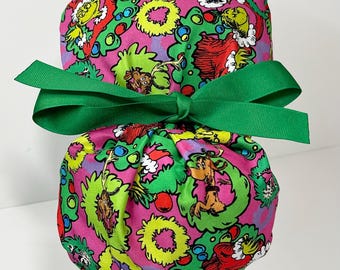 FOLDING BAND Ponytail Medical Surgical Scrub Hat in Merry Christmas Grinch Hot Pink CHOOSE Ribbon Color