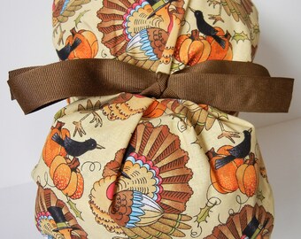 FOLDING BAND Ponytail Medical Surgical Scrub Hat with Thanksgiving Harvest Turkeys Pumpkins