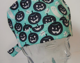 Tie Back FOLDING BAND Medical Surgical Scrub Hat with Halloween Pumpkins Jack O Lanterns Ghosts