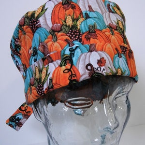 Tie Back FOLDING BAND Medical Surgical Scrub Hat with Thanksgiving Fall Harvest Pumpkin Fields