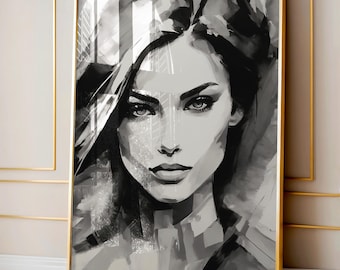 Sleek Woman Face Abstract Print, Modern Black White Art, Abstract Woman Face Painting, Contemporary Wall Decor